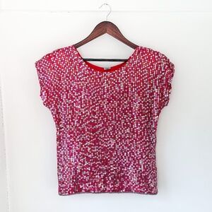 Vintage 80s Shoulder Pad Sequin Sleeveless Top Glam Festive Holiday Red Medium